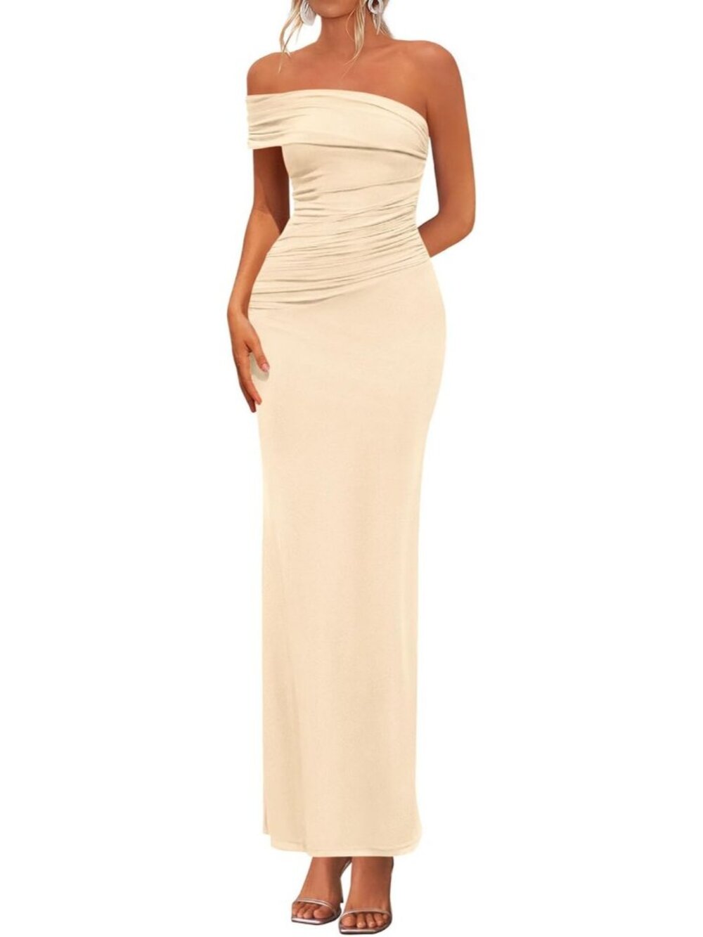 Women's Beige Sleeveless Semi Formal One Off Shoulder Maxi Long Dress